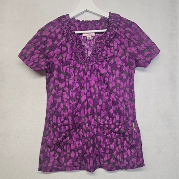 Koi by Kathy Peterson Purple and Grey Printed Short Sleeve Scrub Top - Picture 1 of 8